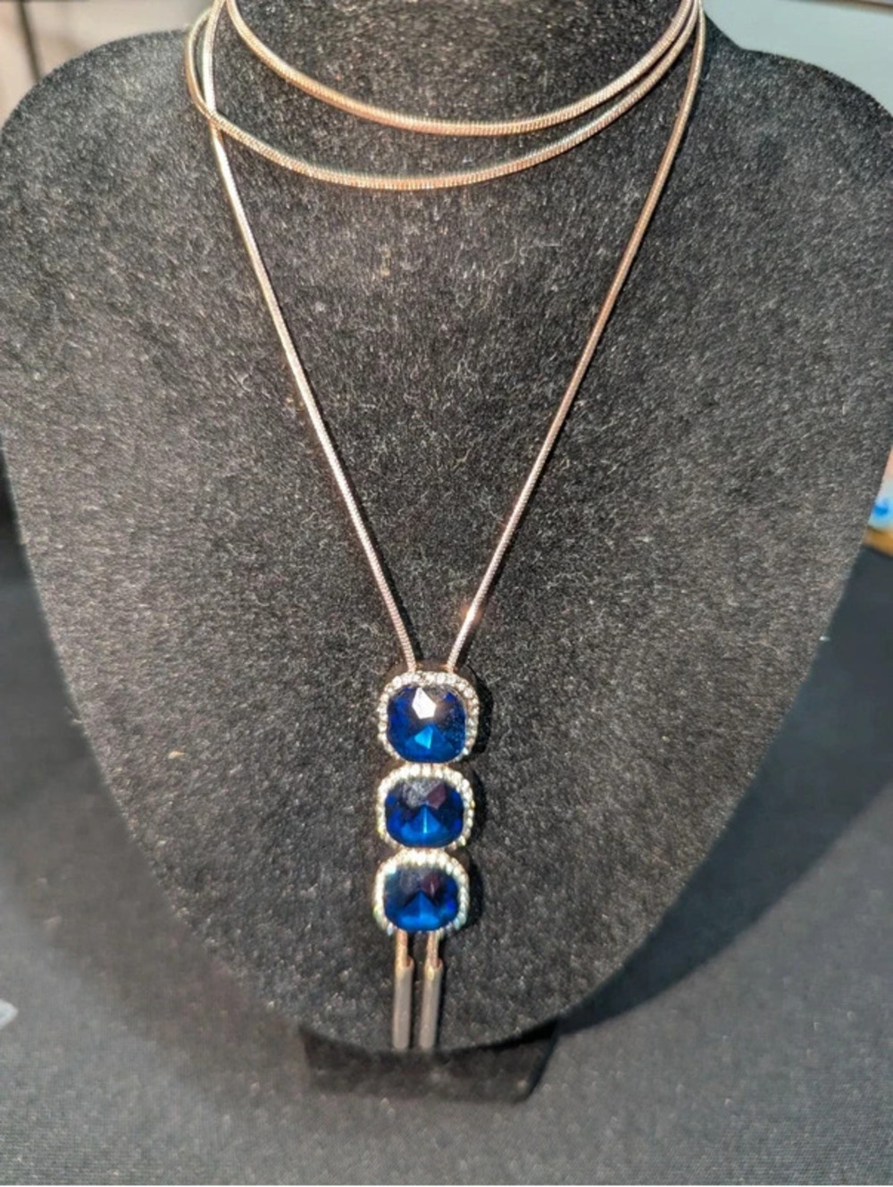 Blue Triple Rhinestone Pendant Bolo Adjustable Necklace
